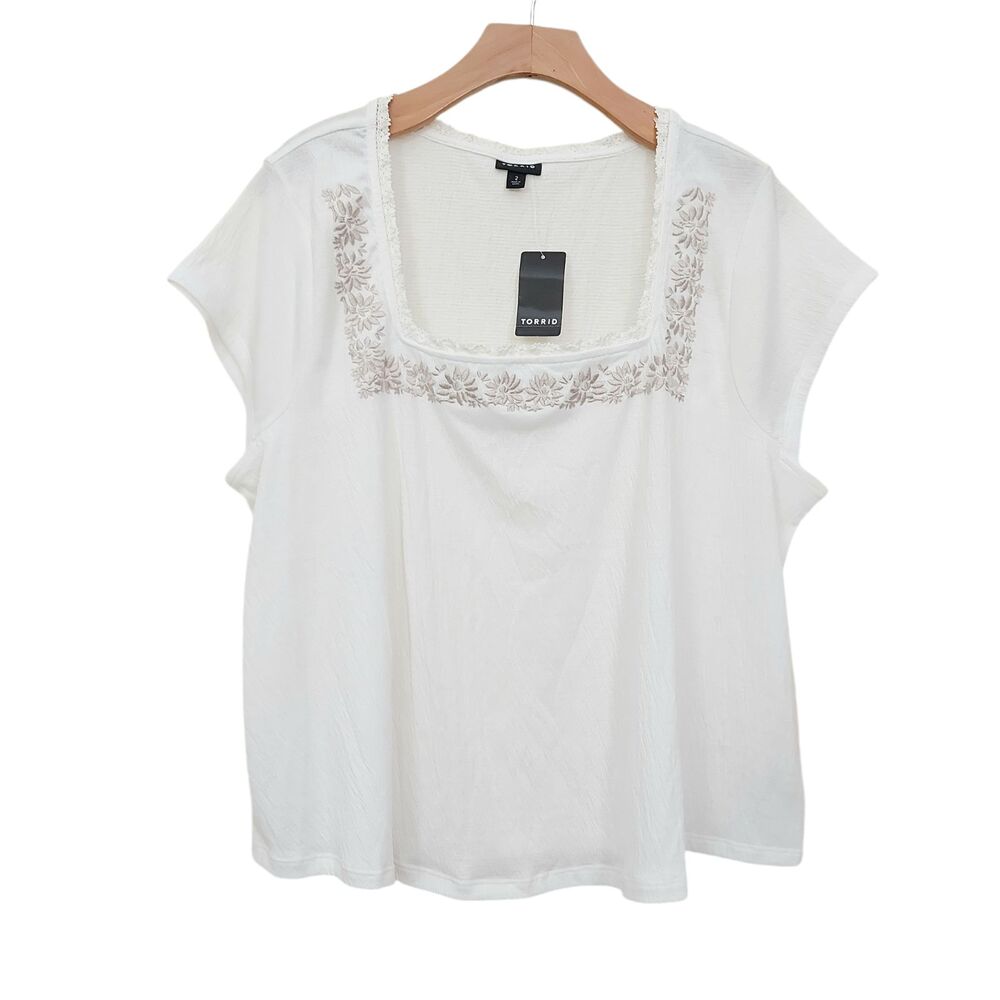Torrid Top Womens 2X Ivory Embroidered Crepe Square Neck Floral Boho Romantic